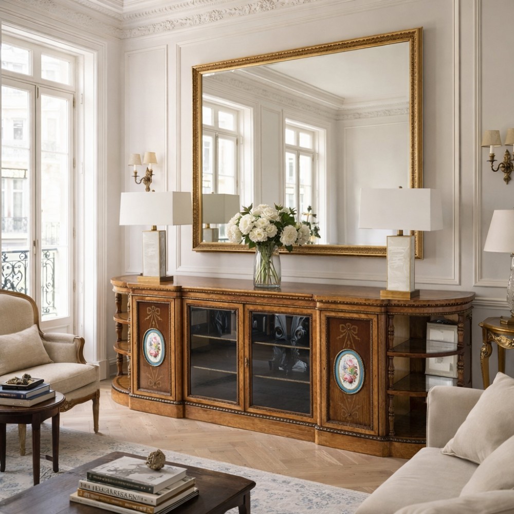 A large Victorian satinwood credenza featuring central glazed doors, oval porcelain plaques, and open curved side shelves. View V