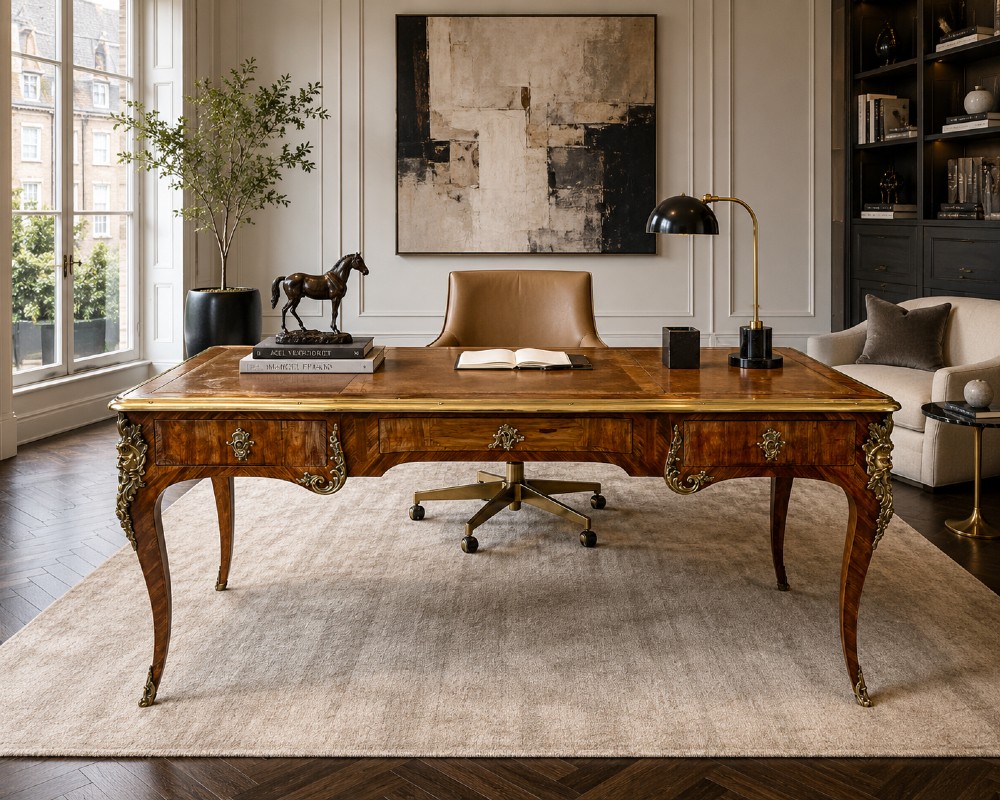 A French Louis XV style kingwood bureau plat featuring cabriole legs with ormolu mounts, three frieze drawers, and a leather inset writing surface. View III