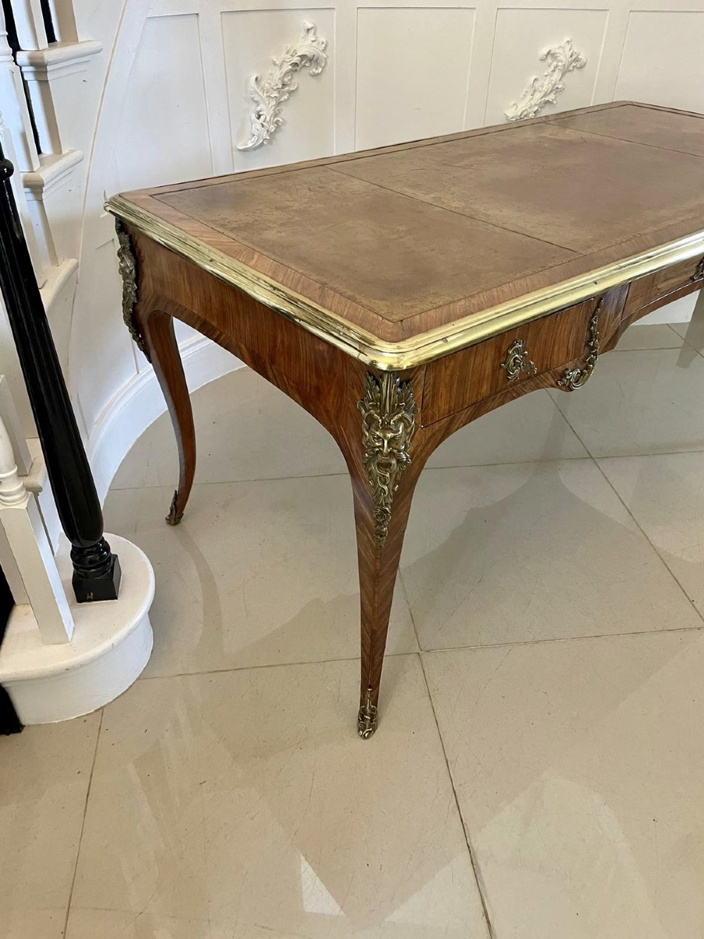 A French Louis XV style kingwood bureau plat featuring cabriole legs with ormolu mounts, three frieze drawers, and a leather inset writing surface. View XIII