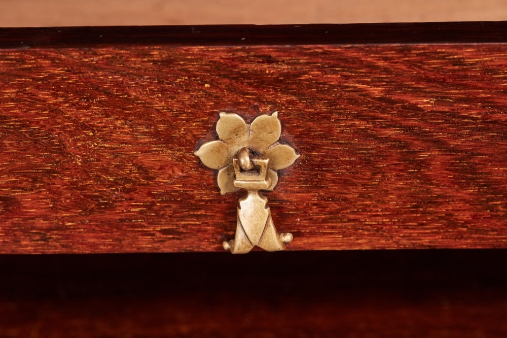 A Victorian burr walnut bureau writing desk featuring a fall-front flap, internal drawers, brass handles, and carved cabriole legs ending in paw feet. View II