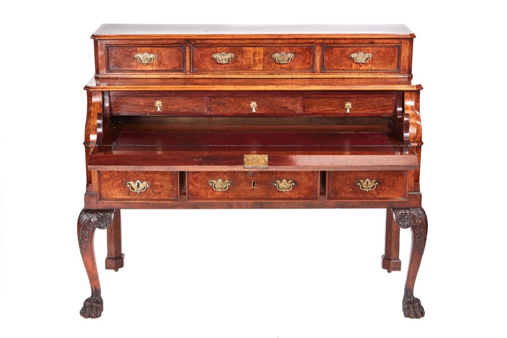 Exceptional Antique Victorian Burr Walnut Carved Paw Foot Bureau Writing Desk