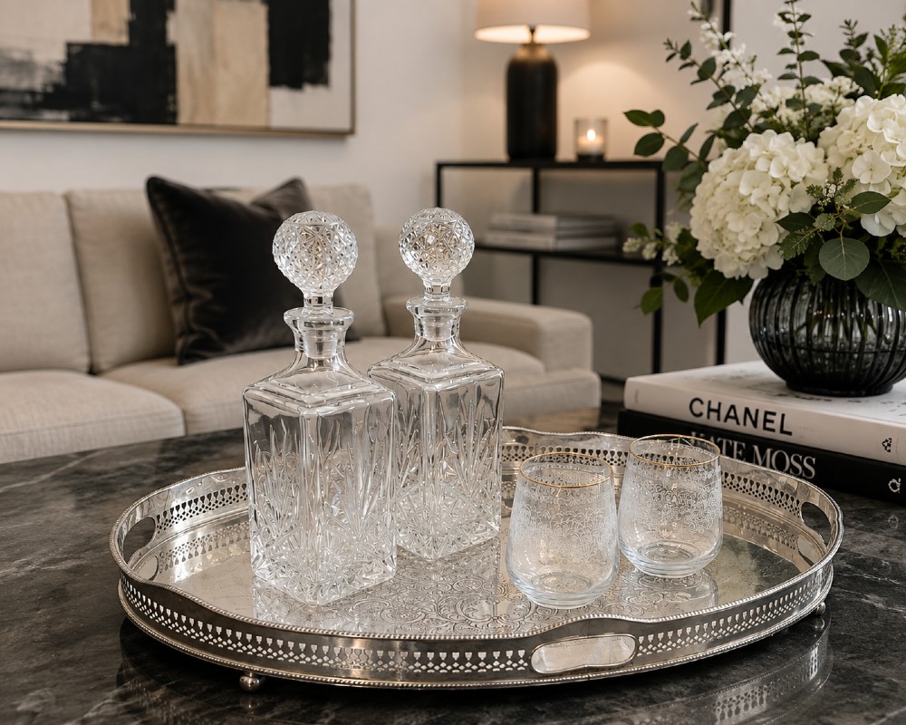 An oval Edwardian silver plated serving tray with an engraved foliate surface pattern and a pierced gallery border featuring cut-out hand grips. View II