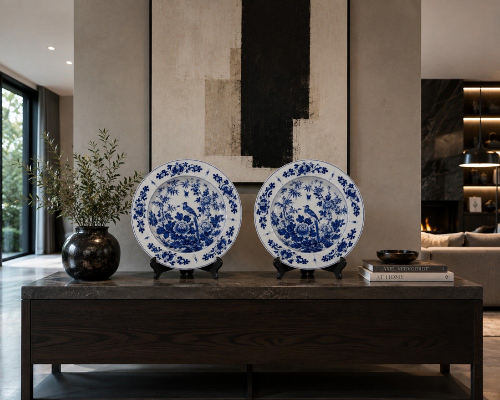 A pair of large circular blue and white Chinese porcelain chargers decorated with hand-painted birds and flowering branches. View II