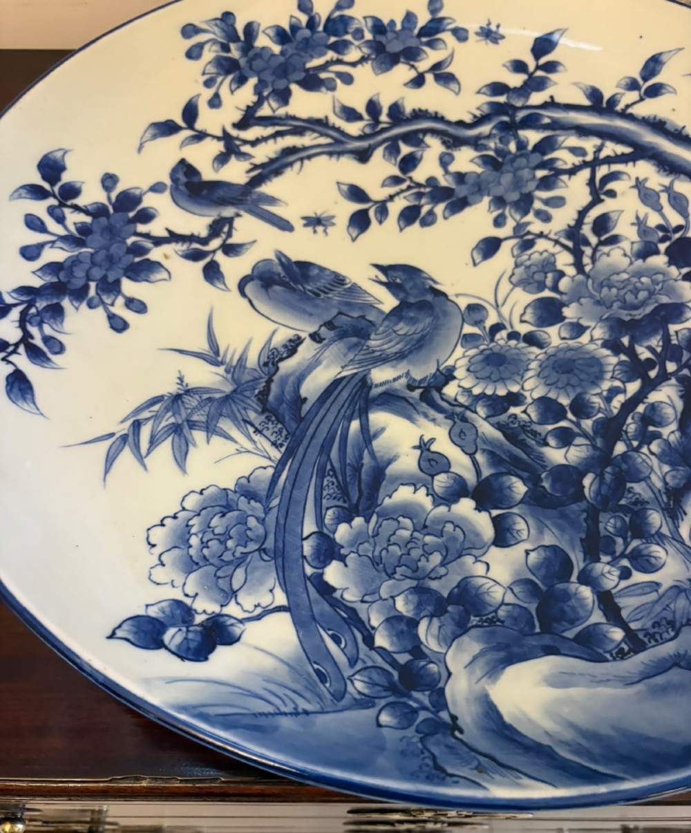 A pair of large circular blue and white Chinese porcelain chargers decorated with hand-painted birds and flowering branches. View VI