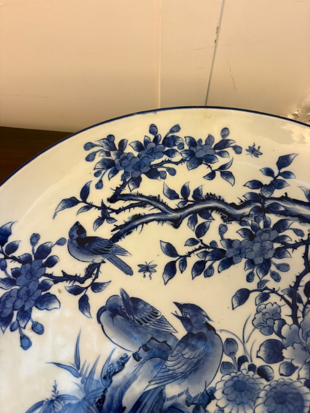 A pair of large circular blue and white Chinese porcelain chargers decorated with hand-painted birds and flowering branches. View X