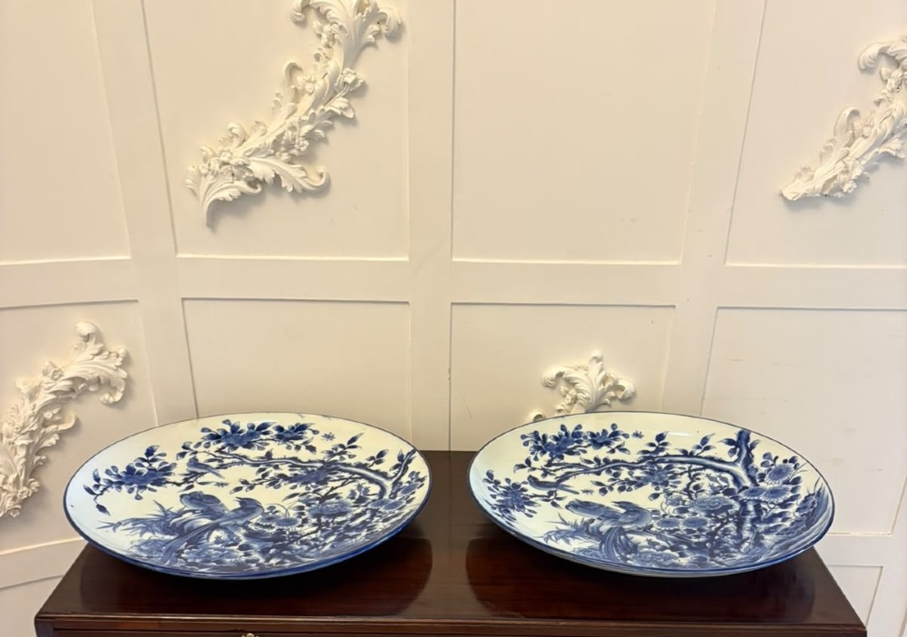 Antique Pair of Large Chinese Blue and White Porcelain Chargers with Qianlong Marks