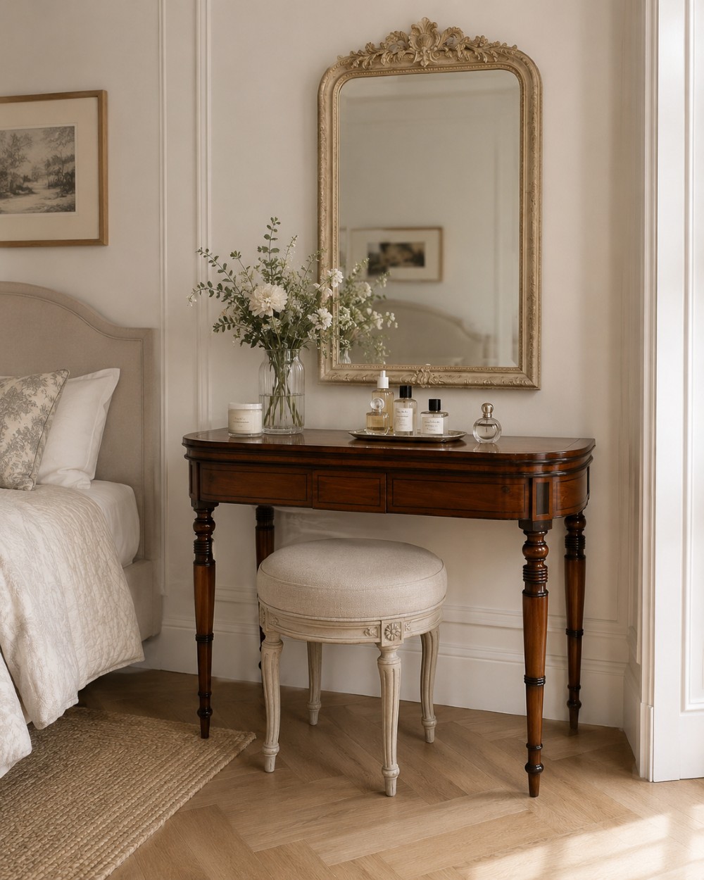 An antique Georgian mahogany fold-over card table featuring turned legs and subtle inlay stringing. View II