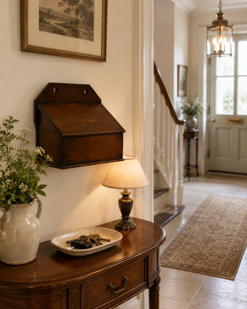 A dark oak Georgian wall-hanging candle box featuring a sloped hinged lid and a shaped backboard with two mounting holes. View II