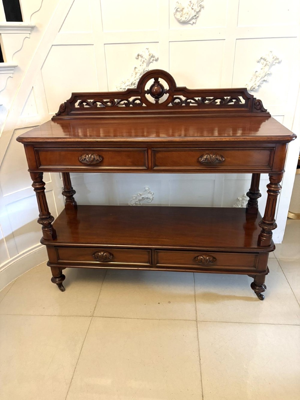 Antique English Victorian Mahogany Sideboard / Buffet Server Dumbwaiter with Gallery Back