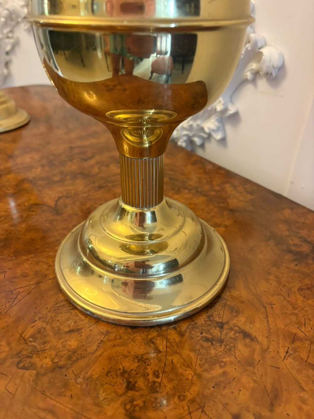 A near pair of Edwardian brass oil lamps featuring moulded white opaline glass shades and clear glass chimneys. View V