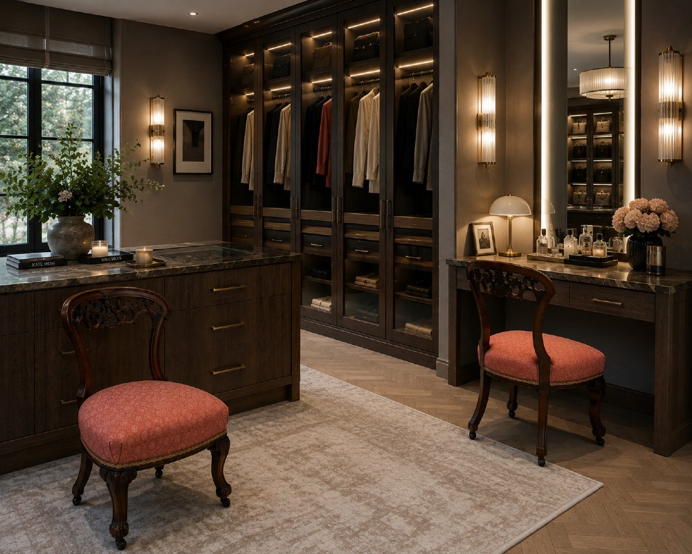 A pair of Victorian carved walnut side chairs with openwork backs and terracotta patterned fabric seats. View III