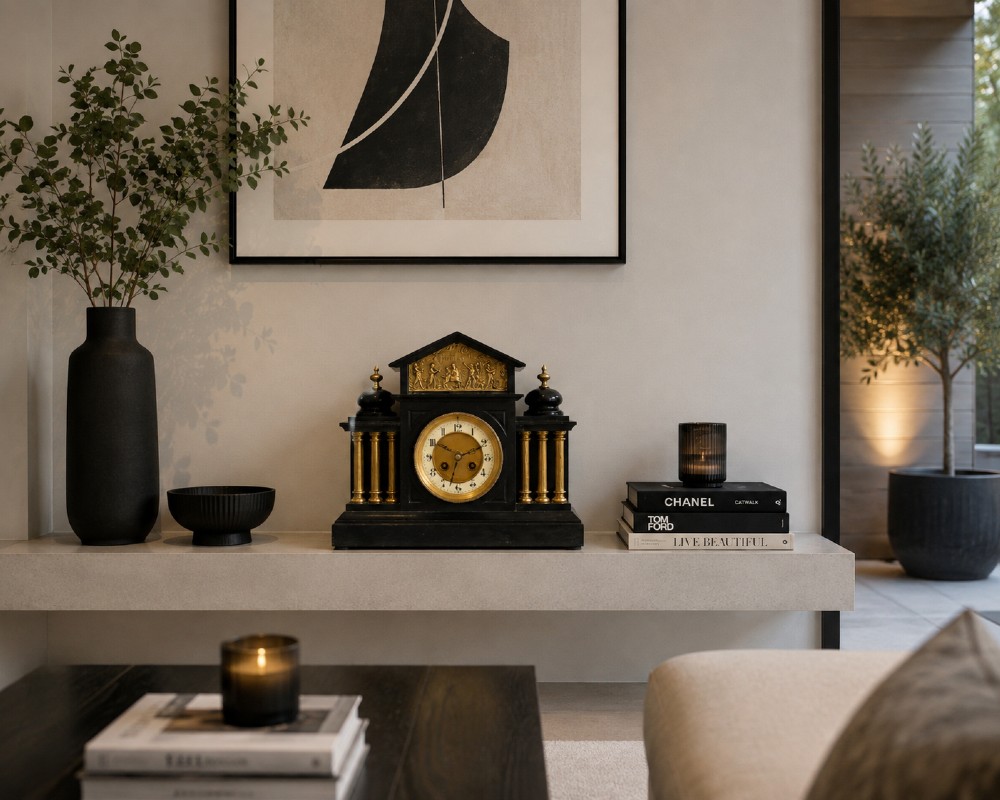 An architectural black marble mantel clock featuring gilt brass columns, a relief frieze panel depicting classical figures, and a round dial with Arabic numerals. View II
