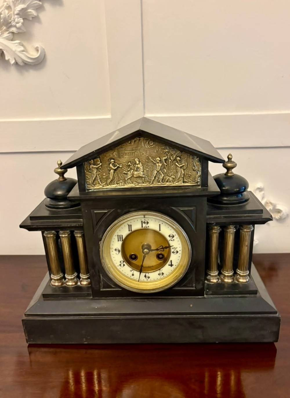 Antique French Black Marble & Gilt Brass Architectural Mantel Clock