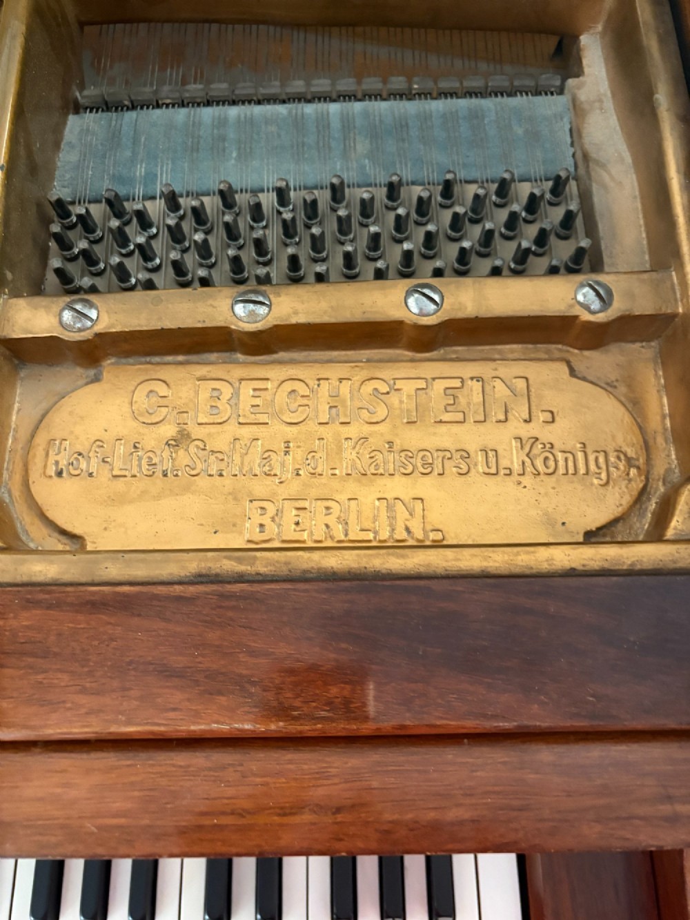 A late Victorian C. Bechstein Model V boudoir grand piano in rosewood, featuring a open top lid, carved fretwork music desk, turned legs, and brass castors. View II