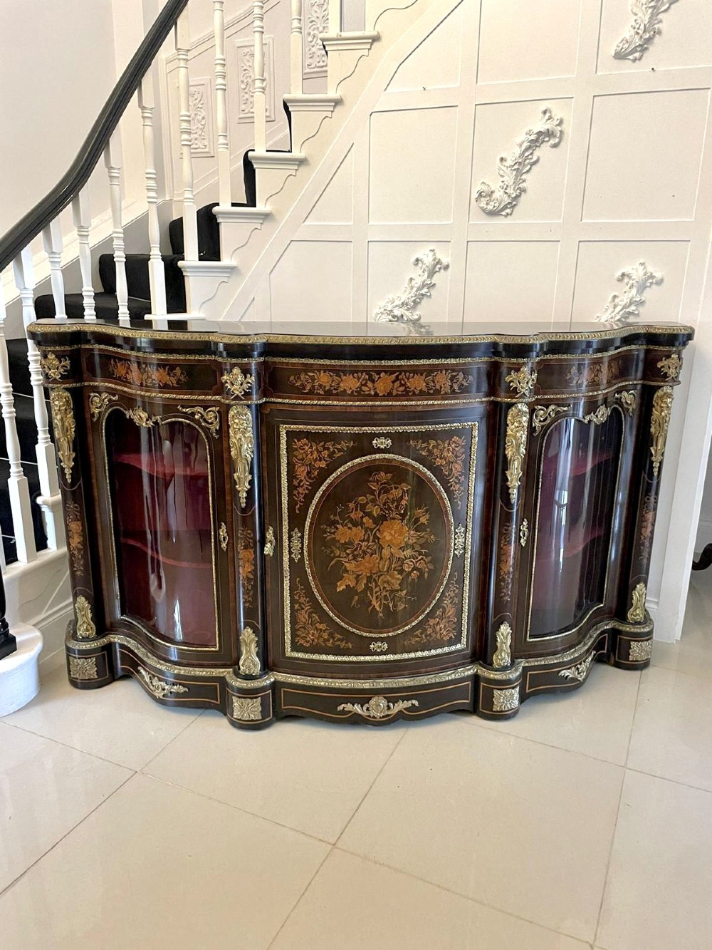 Outstanding Quality Antique Victorian Floral Marquetry Ormolu Mounted Serpentine Shaped Credenza/Sideboard