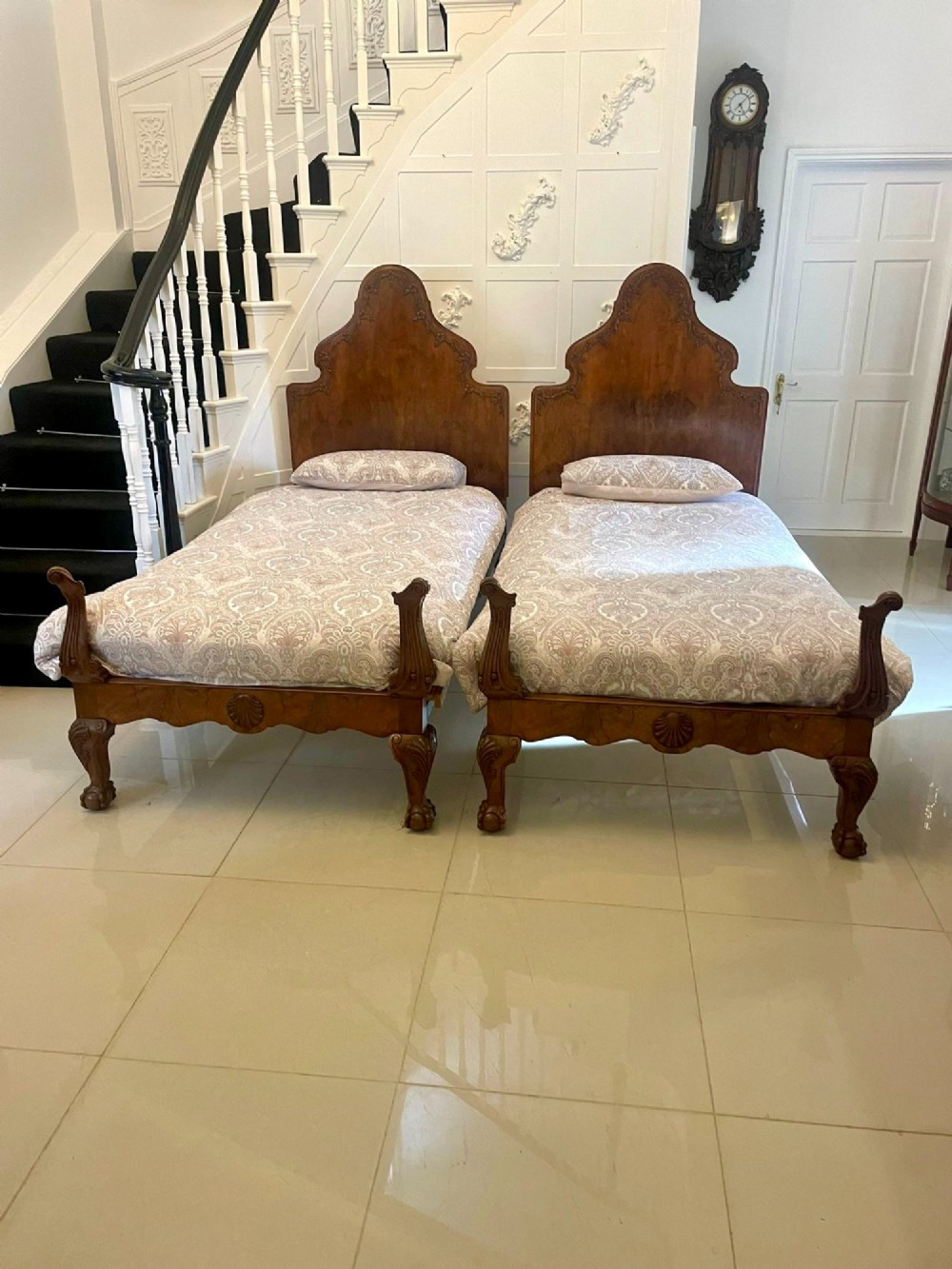 Antique Pair of Quality Carved Burr Walnut Single Beds