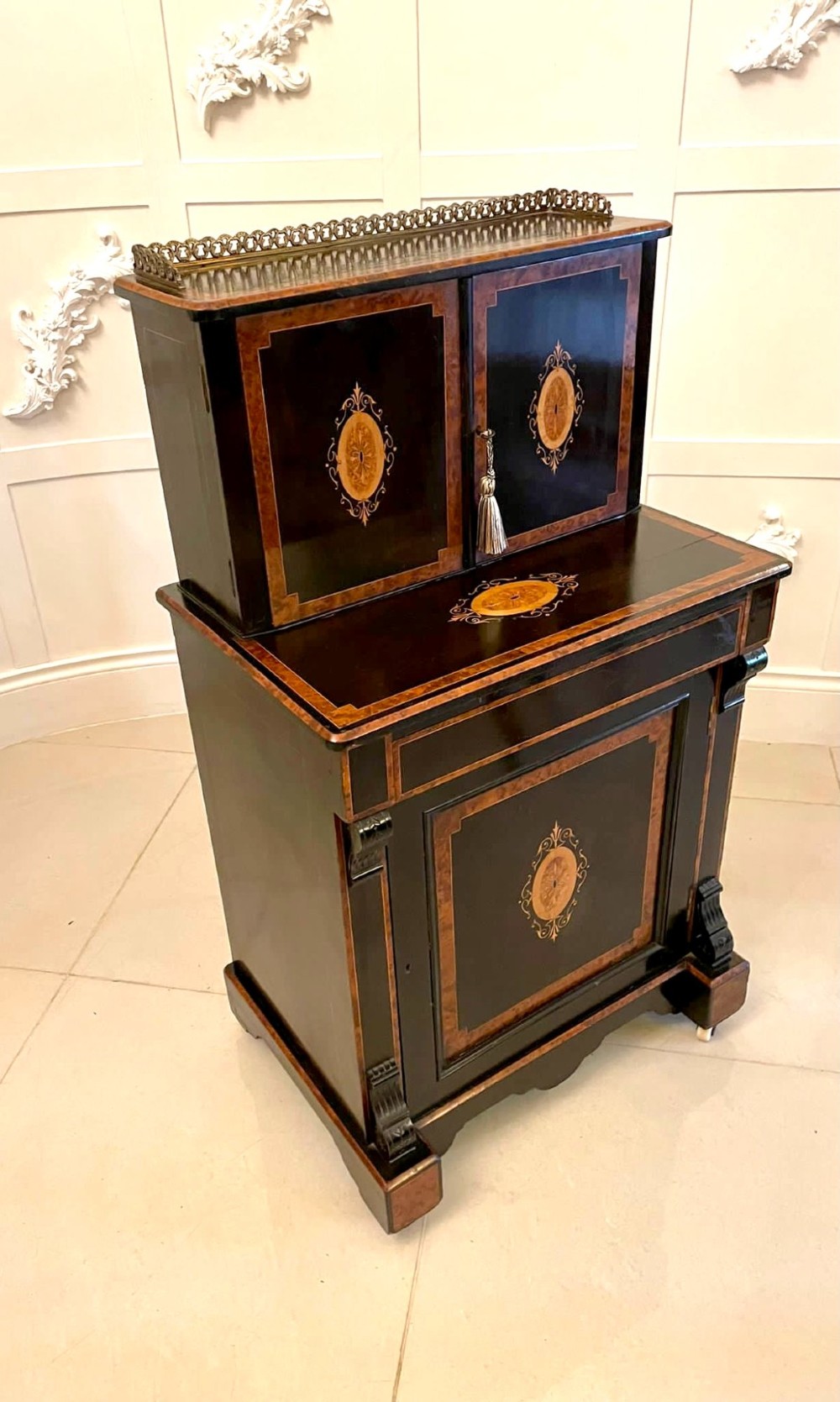 Unusual Antique Victorian Quality Ebonised And Burr Walnut Inlaid Writing Desk