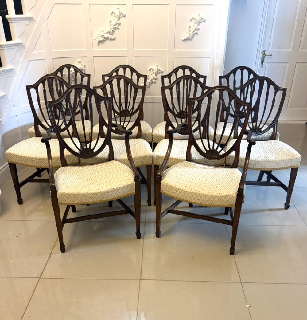 Antique English Edwardian Maple & Co Mahogany Shield Back Dining Chairs Set of 10