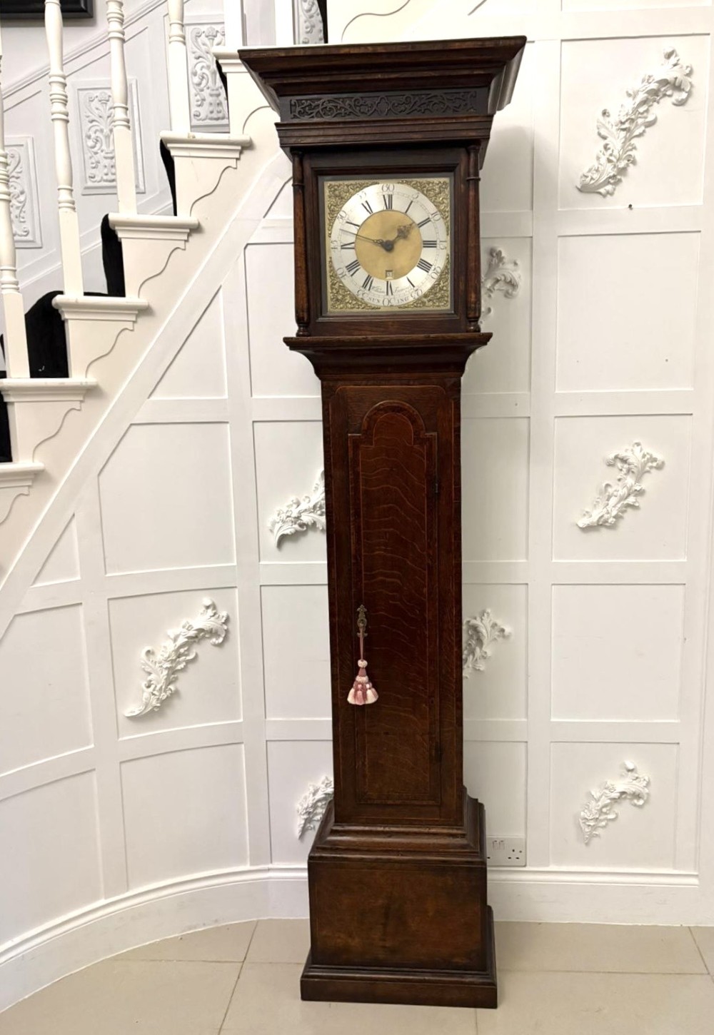 Outstanding Quality Antique George III Oak and Burr Oak Brass Face Longcase Clock