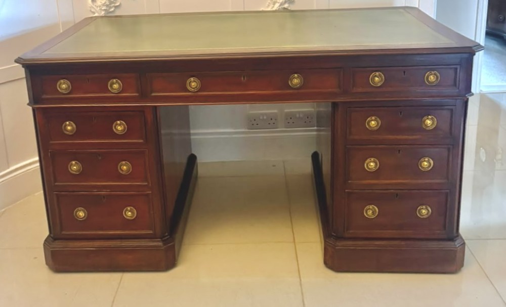 Antique Victorian Mahogany Freestanding Pedestal Kneehole Desk With Fitted Stationery Drawers & Writing Slides
