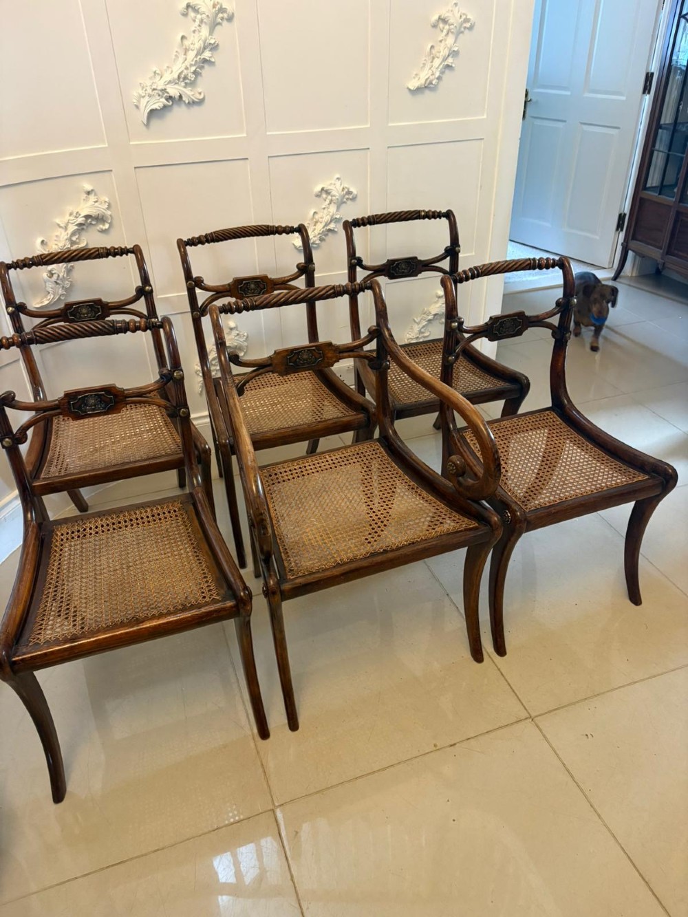 A set of six dark mahogany Regency dining chairs featuring rope-twist top rails, curved sabre legs, and woven cane seats. View XIII
