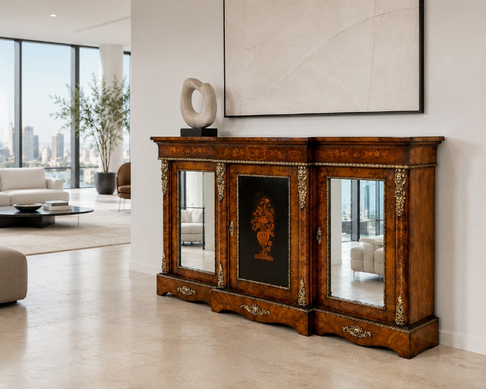 A Victorian burr walnut breakfront credenza featuring brass mounts, a central floral marquetry panel, and mirrored side doors. View II