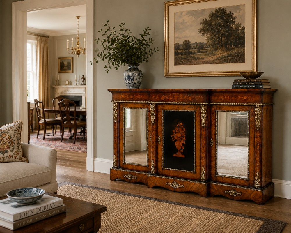 A Victorian burr walnut breakfront credenza featuring brass mounts, a central floral marquetry panel, and mirrored side doors. View III