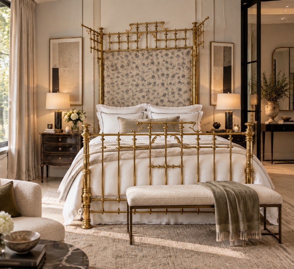 An antique Victorian solid brass half tester double bed featuring turned posts, spindle balusters, cast decorative mounts, and an upholstered floral panel. View XIV