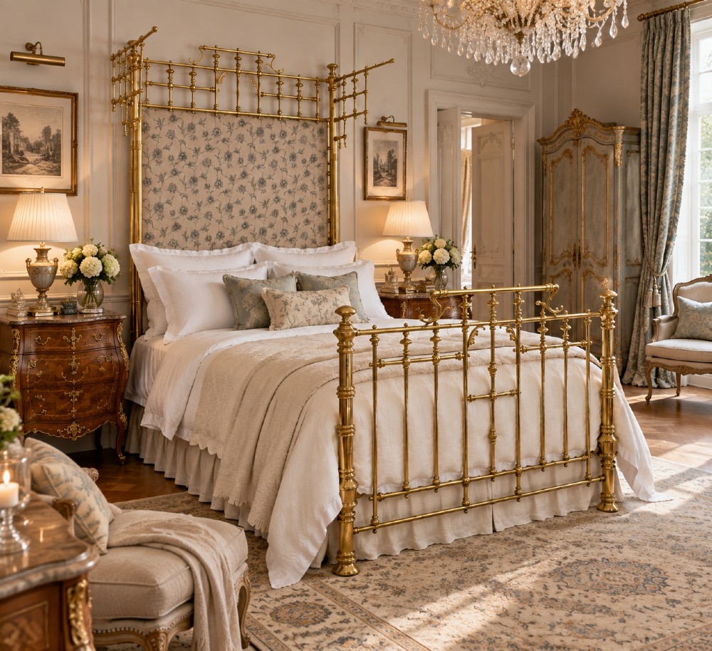 An antique Victorian solid brass half tester double bed featuring turned posts, spindle balusters, cast decorative mounts, and an upholstered floral panel. View XV