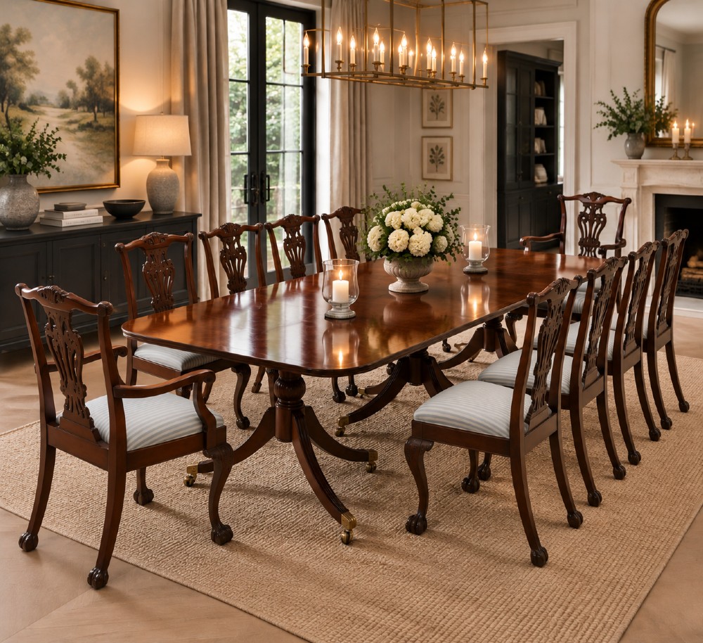 A large polished Georgian mahogany three-pedestal dining table supported by turned columns and splayed legs with brass castors. View II