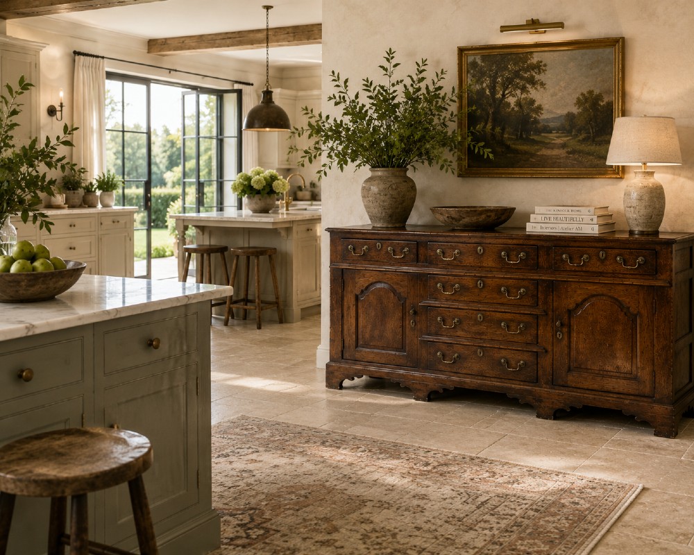 A George III dark oak dresser base featuring multiple drawers, arched cupboard doors, and brass swan-neck handles. View II