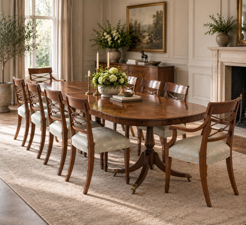 A set of ten Edwardian mahogany dining chairs, including two carver armchairs, featuring lattice backrests and pale blue patterned fabric upholstery. View II