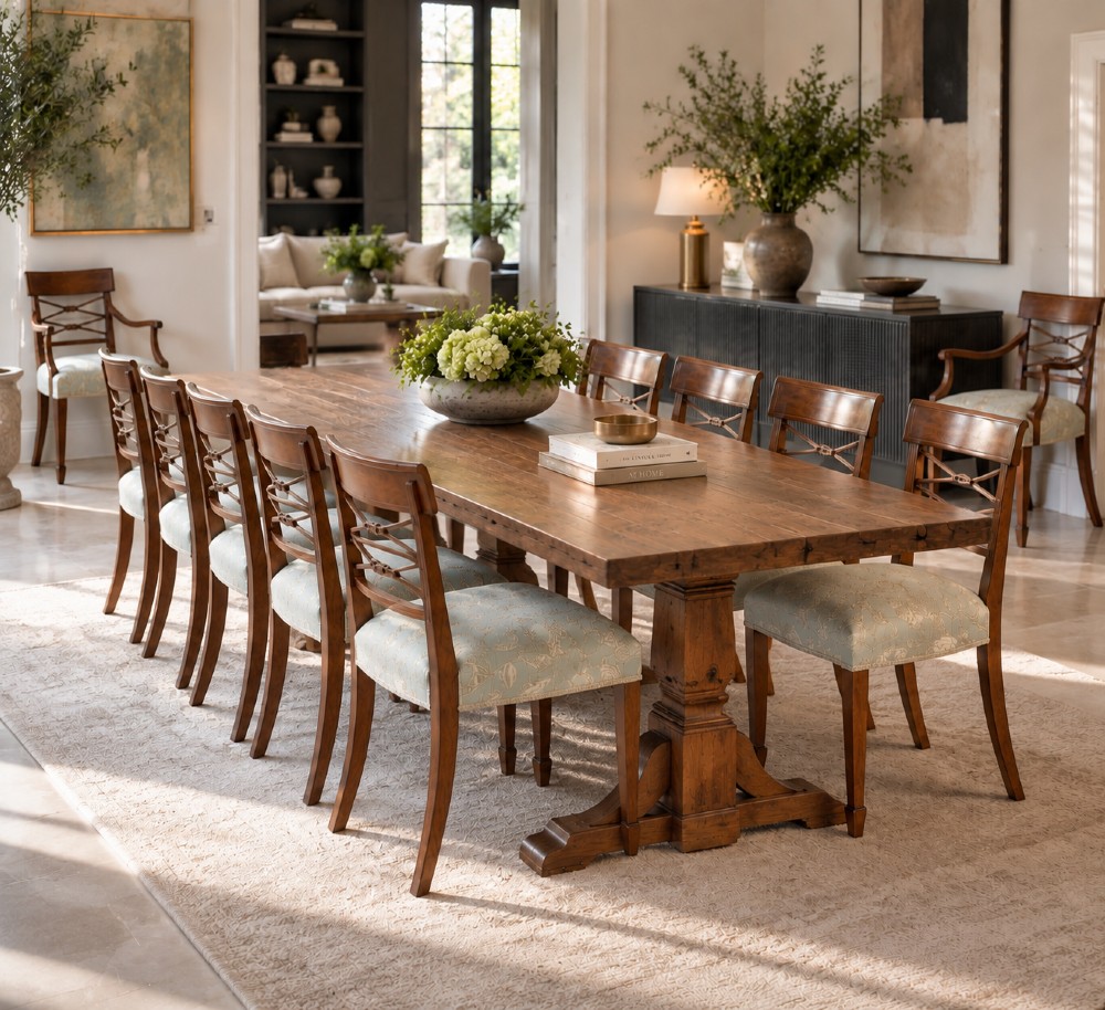 A set of ten Edwardian mahogany dining chairs, including two carver armchairs, featuring lattice backrests and pale blue patterned fabric upholstery. View III
