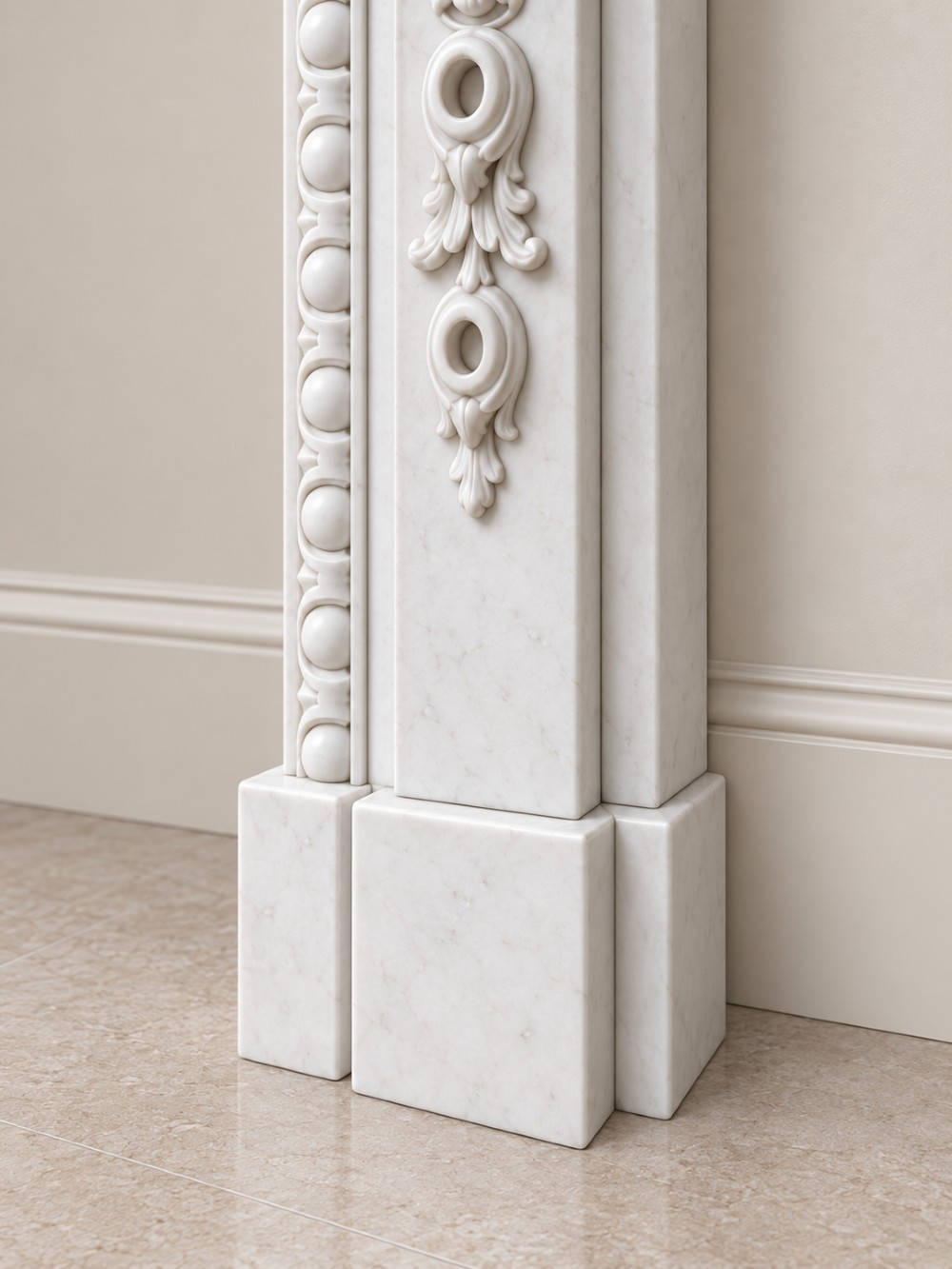 A pair of carved white marble Edwardian fireplace surrounds featuring fruit swags, ribbon bow motifs, and scrolled side brackets. View III