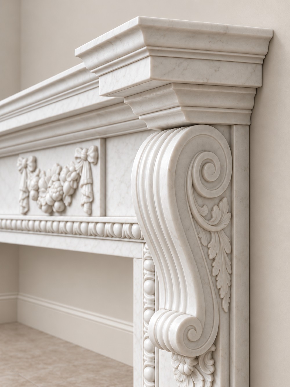 A pair of carved white marble Edwardian fireplace surrounds featuring fruit swags, ribbon bow motifs, and scrolled side brackets. View IV