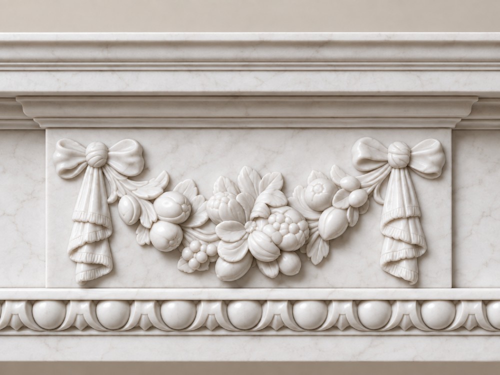A pair of carved white marble Edwardian fireplace surrounds featuring fruit swags, ribbon bow motifs, and scrolled side brackets. View V