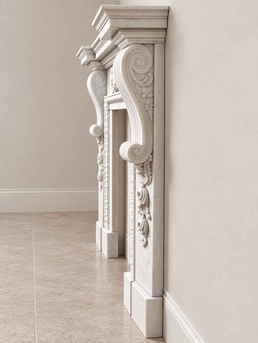 A pair of carved white marble Edwardian fireplace surrounds featuring fruit swags, ribbon bow motifs, and scrolled side brackets. View VI