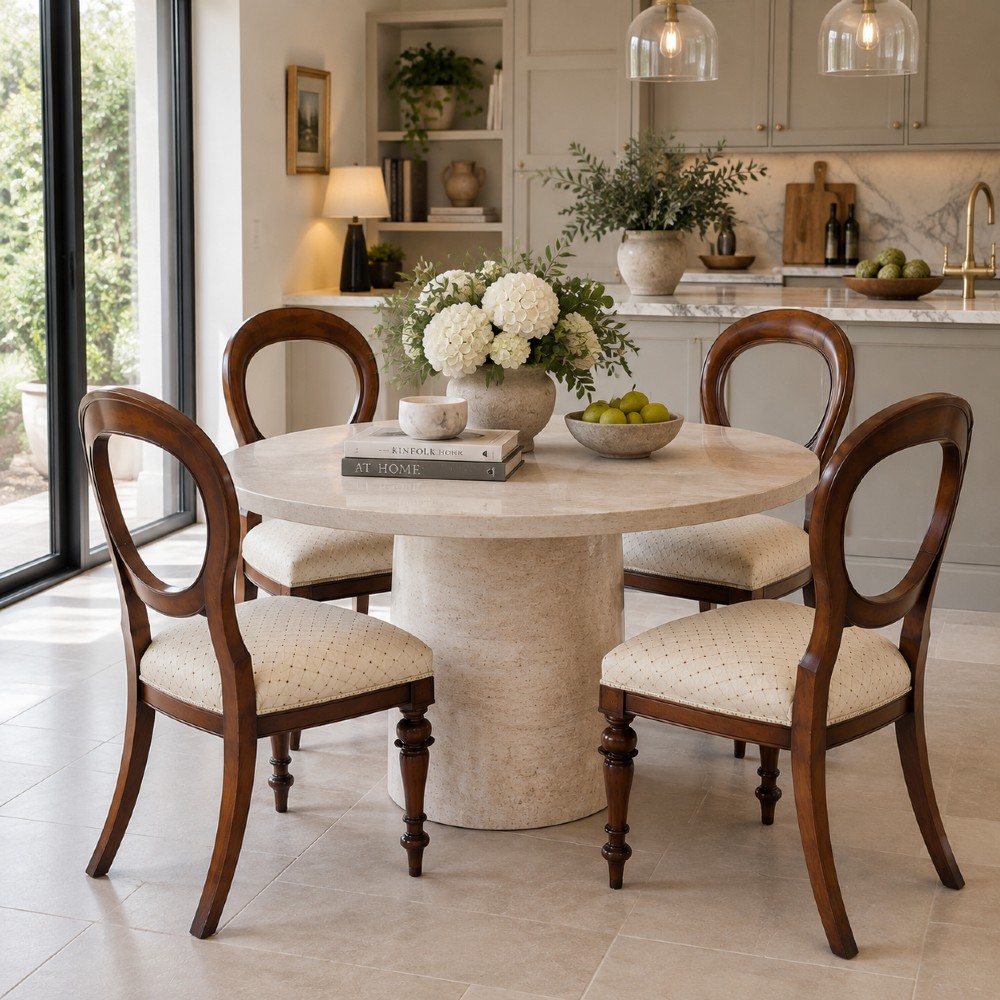 A set of four antique Victorian mahogany dining chairs featuring open balloon-shaped backrests, turned front legs, and cream patterned upholstery. View XI