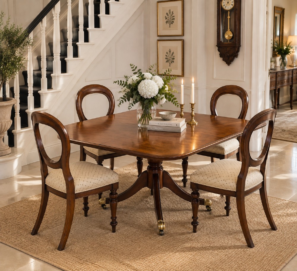 A set of four antique Victorian mahogany dining chairs featuring open balloon-shaped backrests, turned front legs, and cream patterned upholstery. View XII
