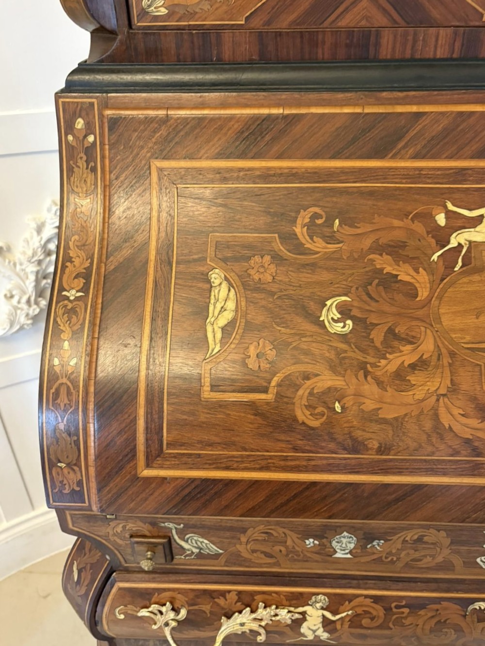 Outstanding Quality Antique Italian Marquetry Inlaid Burr Walnut Bureau Bookcase View IV