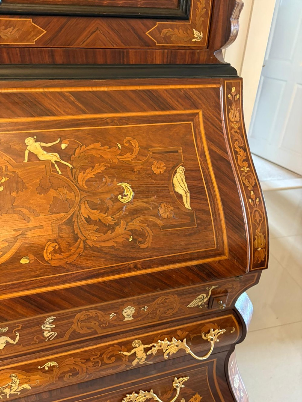 Outstanding Quality Antique Italian Marquetry Inlaid Burr Walnut Bureau Bookcase View VI