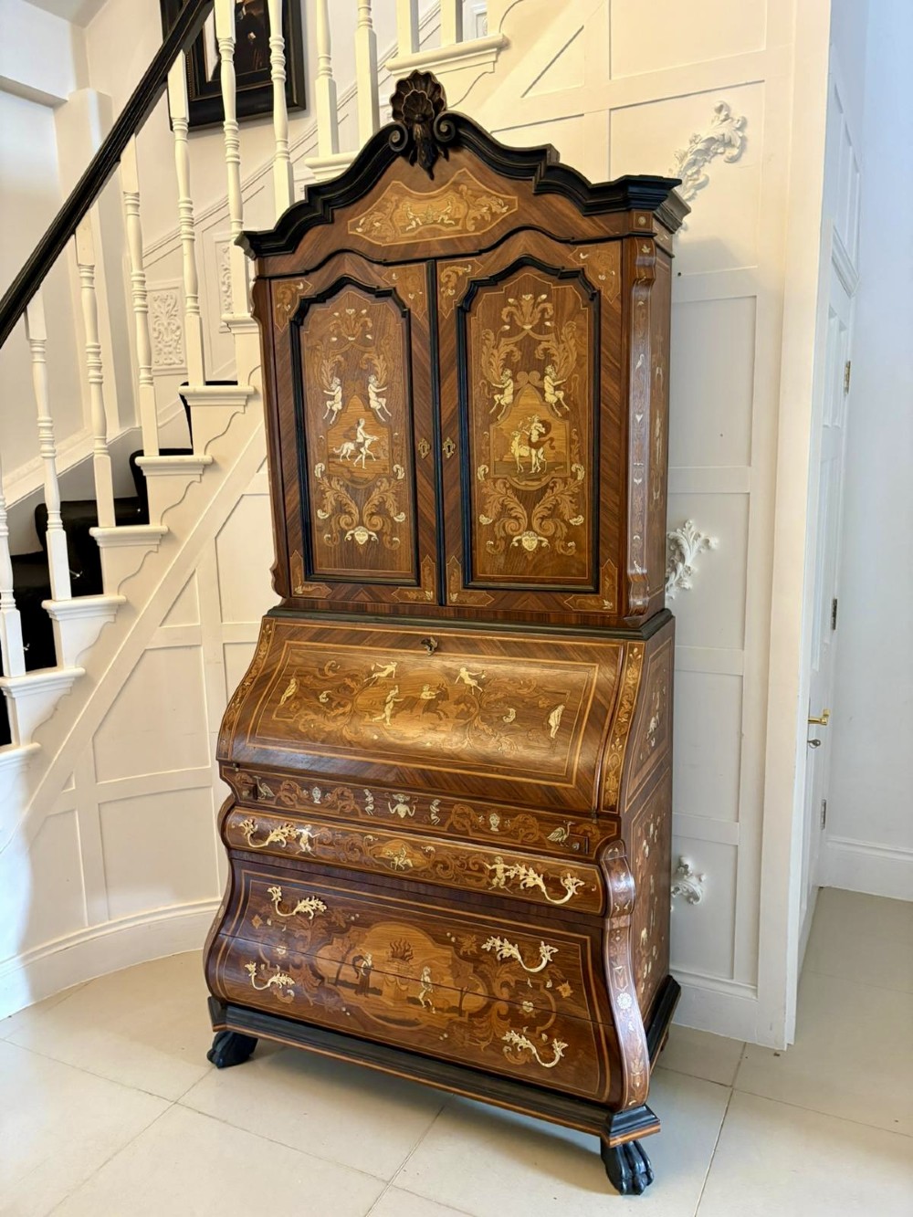 Outstanding Quality Antique Italian Marquetry Inlaid Burr Walnut Bureau Bookcase View IX