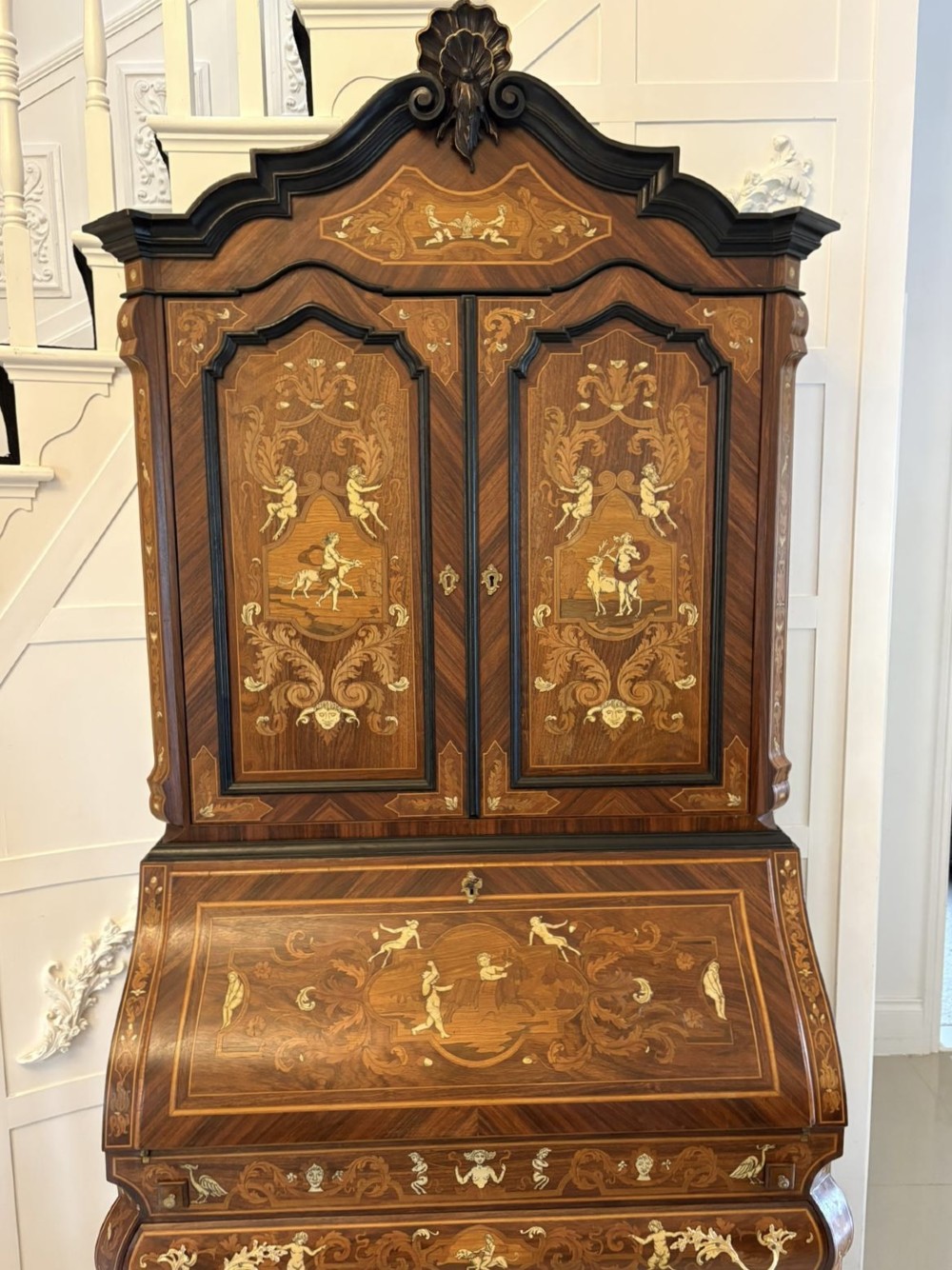 Outstanding Quality Antique Italian Marquetry Inlaid Burr Walnut Bureau Bookcase View X