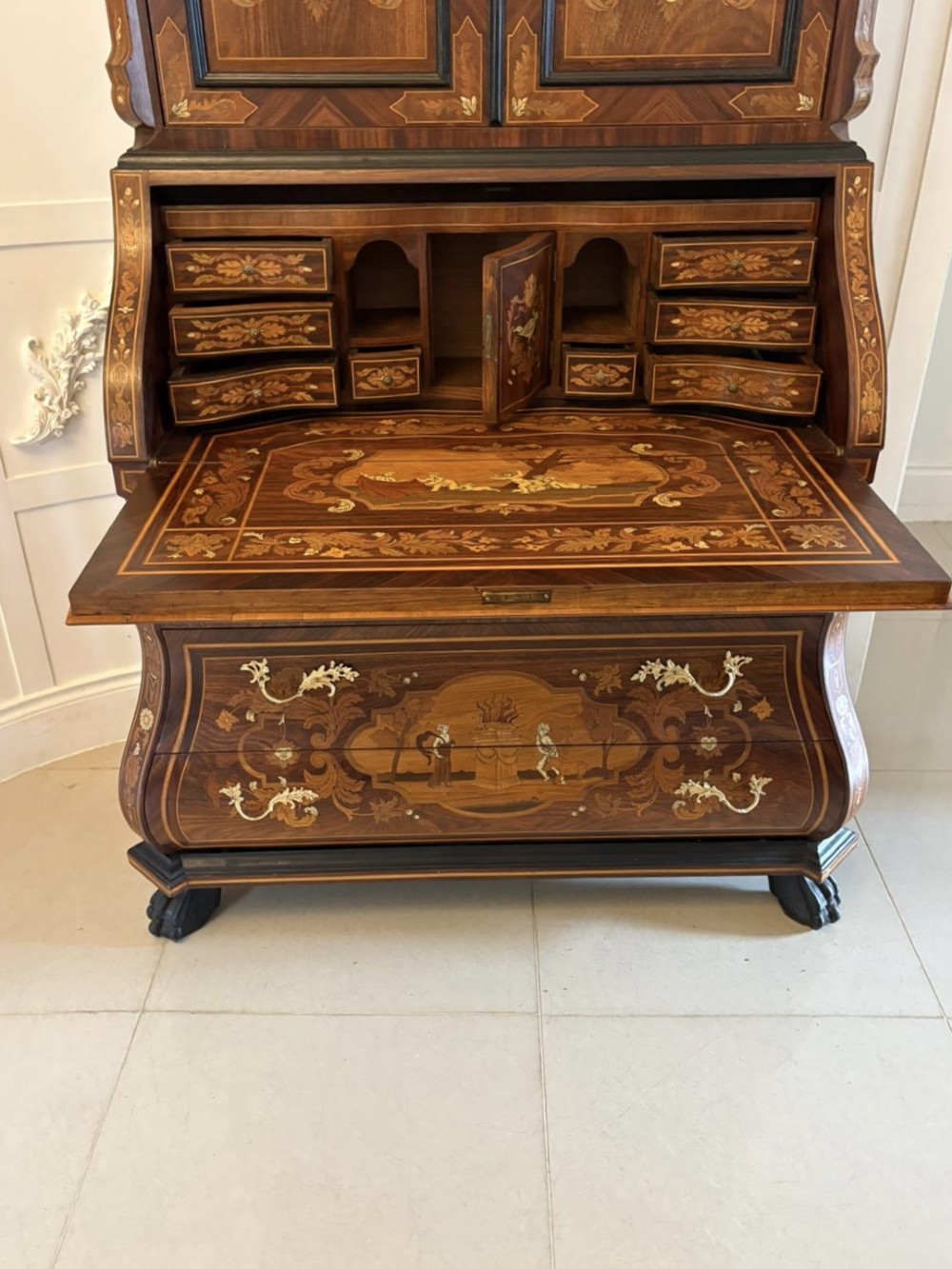 Outstanding Quality Antique Italian Marquetry Inlaid Burr Walnut Bureau Bookcase View XI