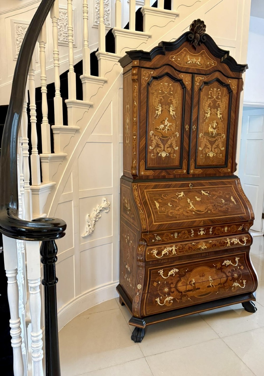 Outstanding Quality Antique Italian Marquetry Inlaid Burr Walnut Bureau Bookcase View XII