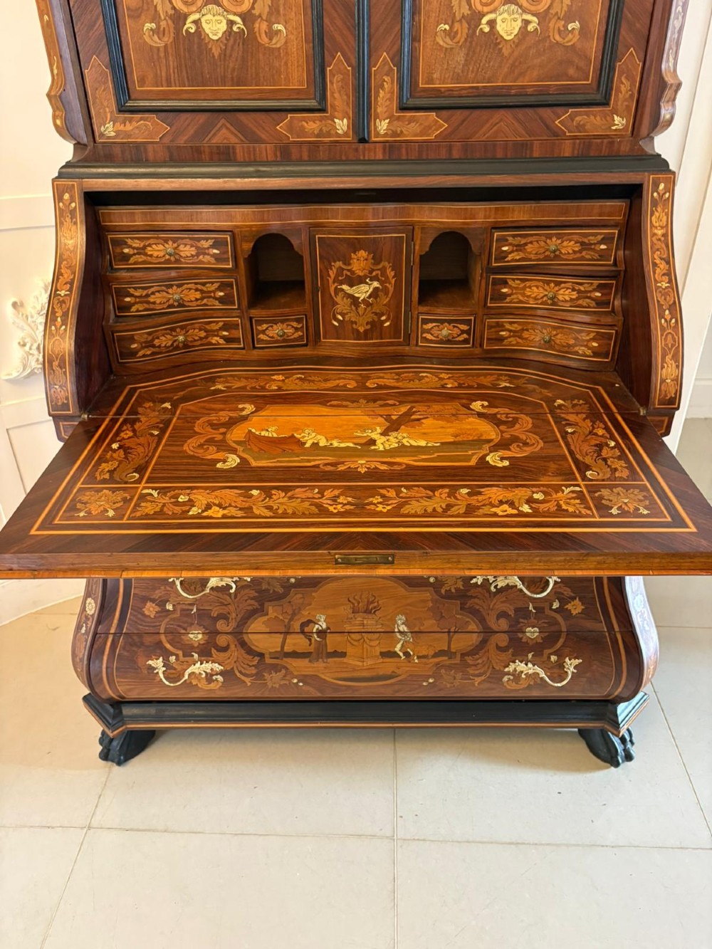 Outstanding Quality Antique Italian Marquetry Inlaid Burr Walnut Bureau Bookcase View XIII