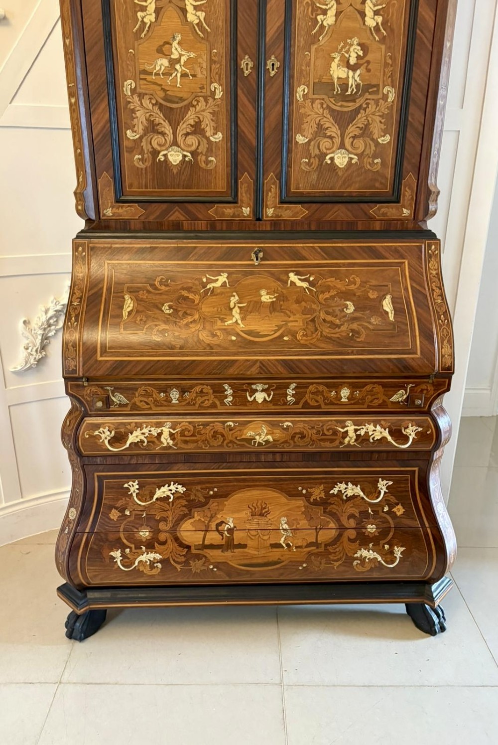 Outstanding Quality Antique Italian Marquetry Inlaid Burr Walnut Bureau Bookcase View XIV