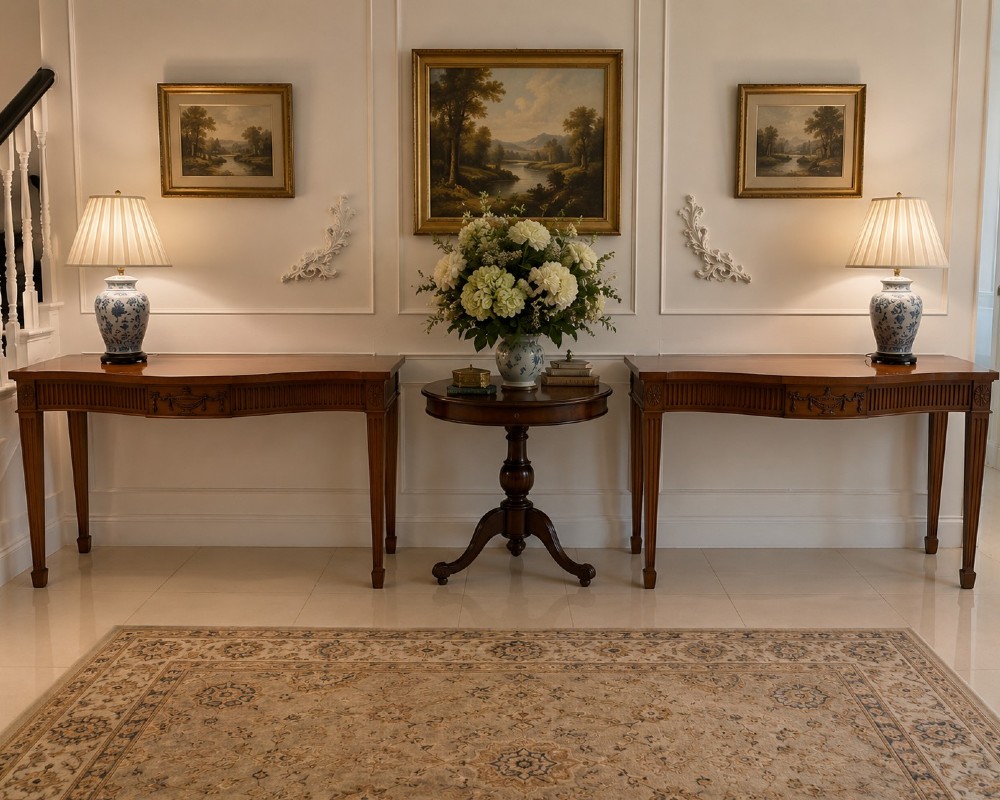 A pair of polished mahogany serpentine-front console tables featuring fluted aprons, carved central urn motifs, and tapered fluted legs. View II