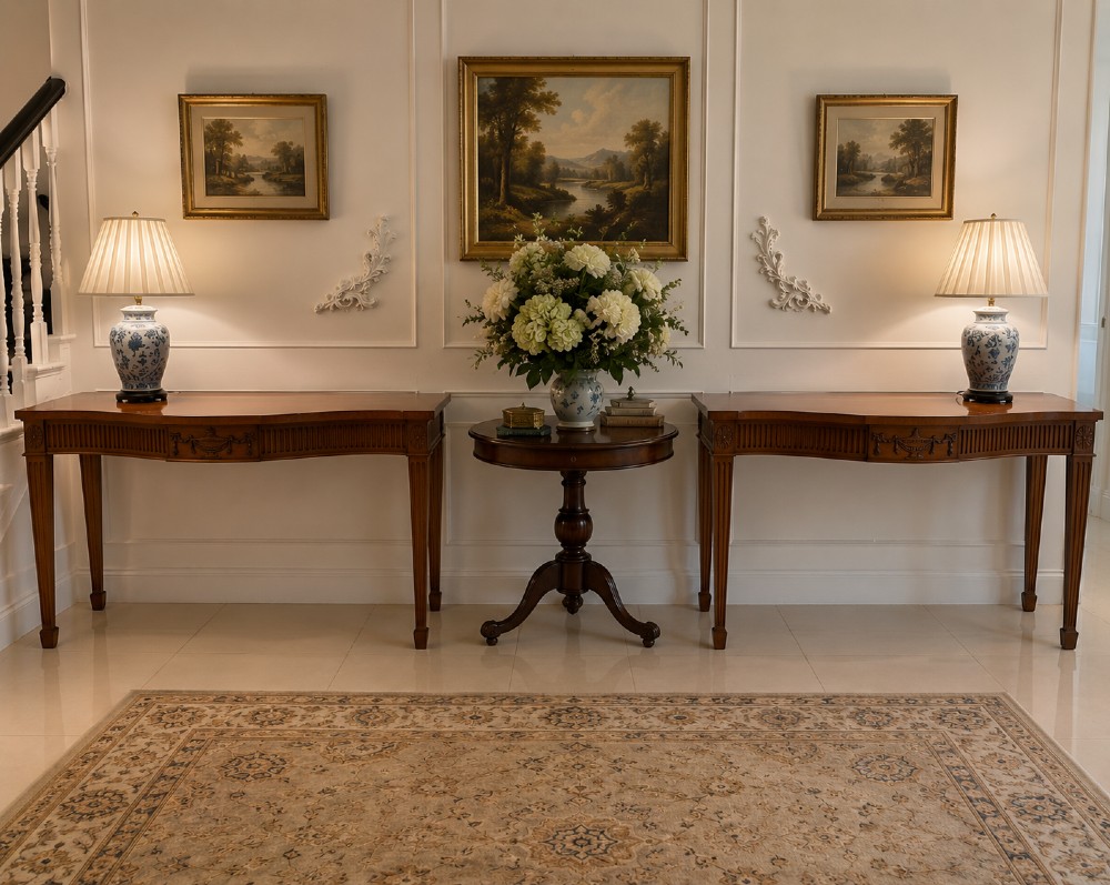 A pair of polished mahogany serpentine-front console tables featuring fluted aprons, carved central urn motifs, and tapered fluted legs. View III