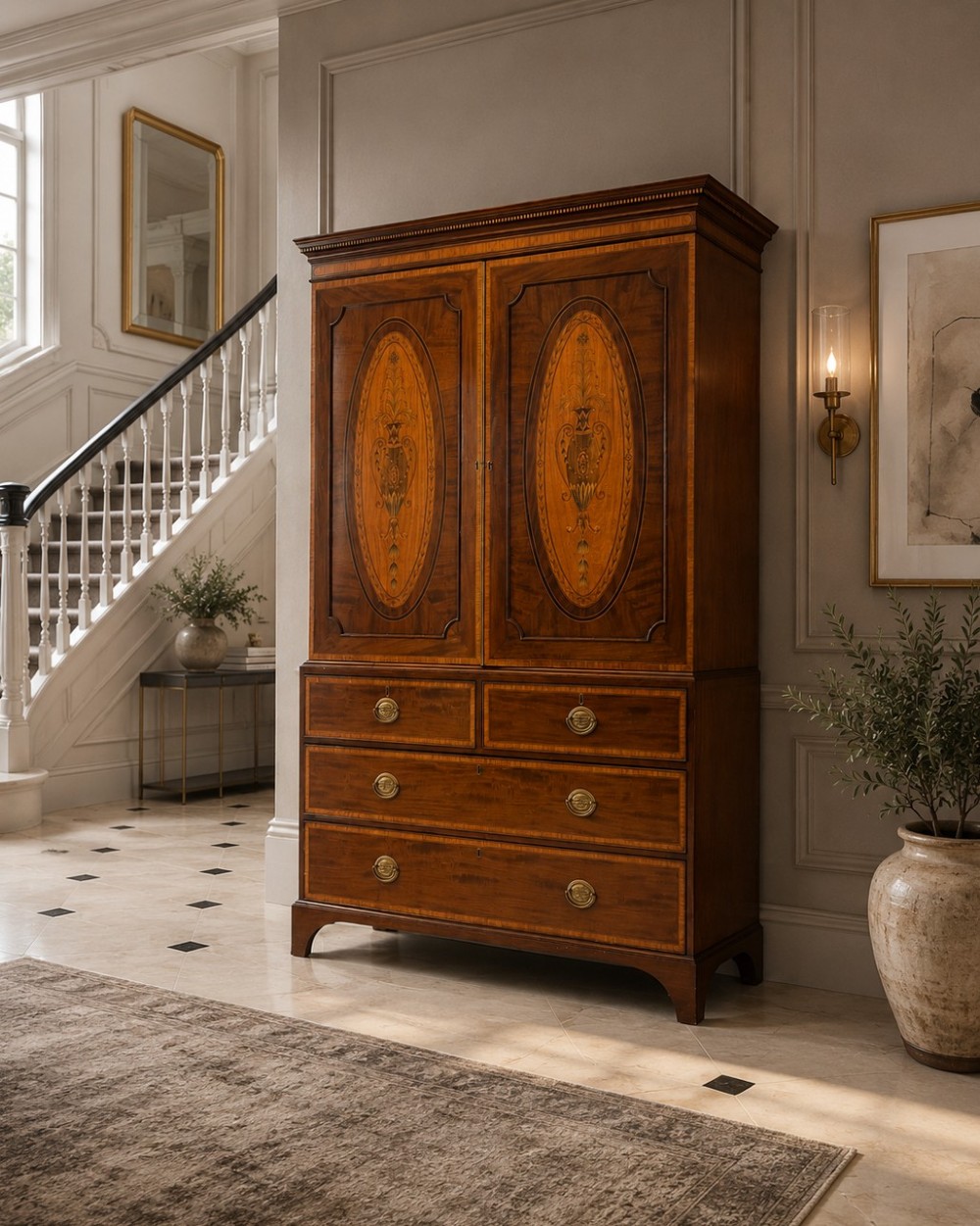 An antique Georgian mahogany linen press featuring two doors decorated with oval satinwood urn marquetry inlays situated above four drawers with brass handles. View II